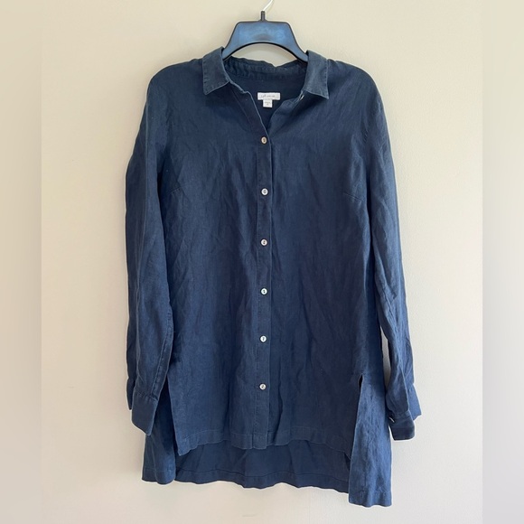 J. Jill Love Linen Long Sleeve Button-Up Navy Tunic Shirt, M/T - Picture 1 of 8